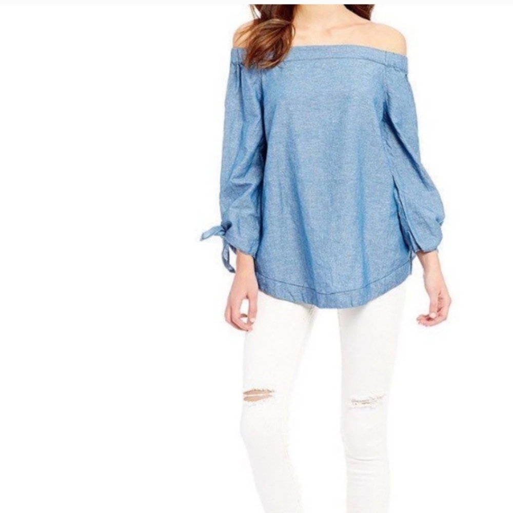 Free People Top S Off Shoulder Jean Denim 52%cotton 48%linen Long Sleeve - Picture 3 of 10